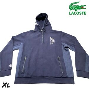 Lacoste Hoodie Mens XL Blue Full Zip Hooded Sweatshirt Spell Out Logo Pullover
